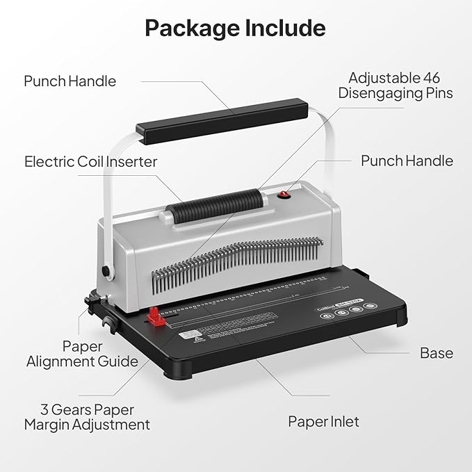 Spiral Coil Binding Machine, Homeschool Manual 46 Hole Puncher Spiral Binder with Electric Coil Inserter, Professional & Customizable Binding for Book Press, Paper, Binder Book, Gray