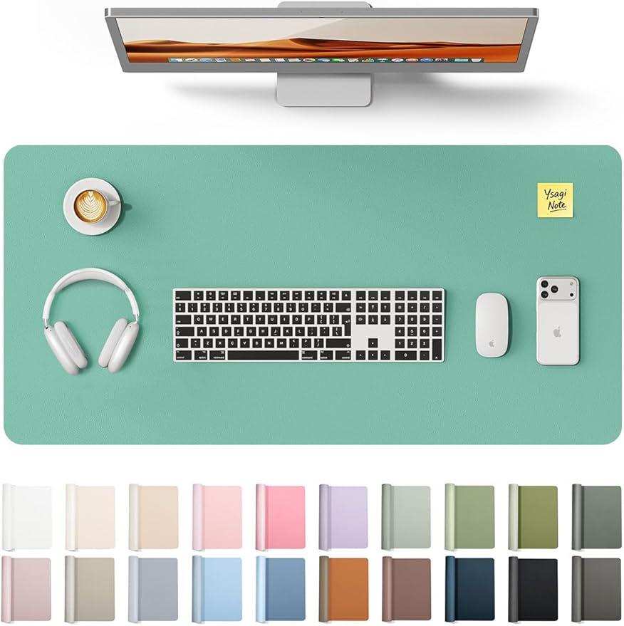 YSAGi Leather Desk Protector, Office Mat, Large Mouse Mat, Non-Slip PU Leather Blotter, Laptop Desk, Waterproof Writing Pad for Office and Home (Green-Blue, 35.4" x 17")