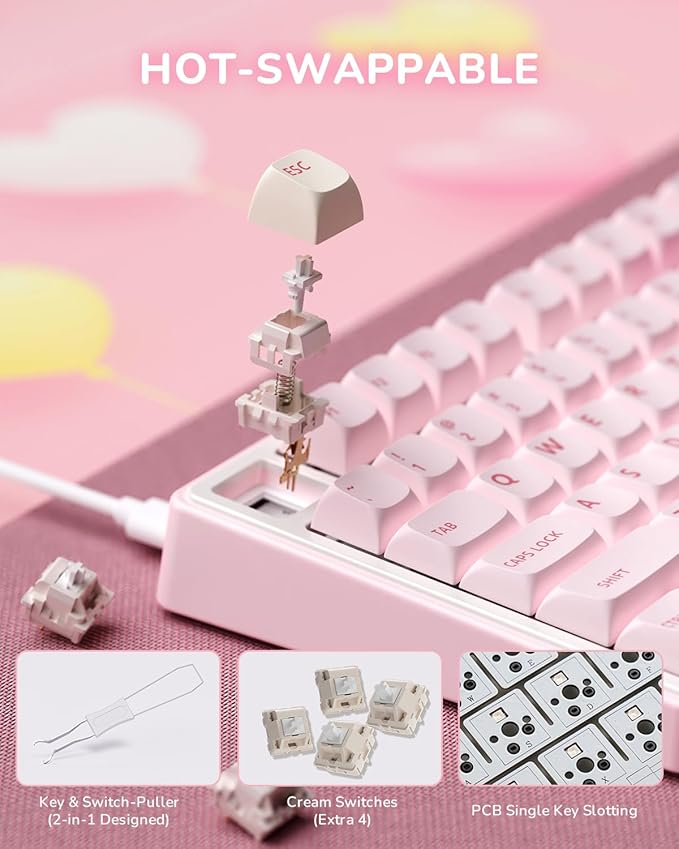 RK ROYAL KLUDGE R75 Mechanical Keyboard Wired with Volume Knob, 75% Keyboard Gasket Mounted, Hot Swappable, Creamy Sound, MDA Profile, PBT Keycaps, Pink