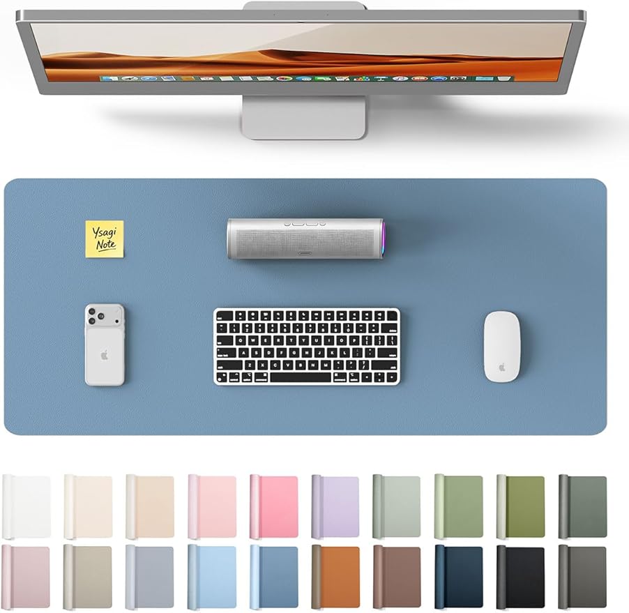 YSAGi Leather Desk Protector, Office Mat, Large Mouse Mat, Non-Slip PU Leather Blotter, Laptop Desk, Waterproof Writing Pad for Office and Home (Blue, 23.6" x 13.8")