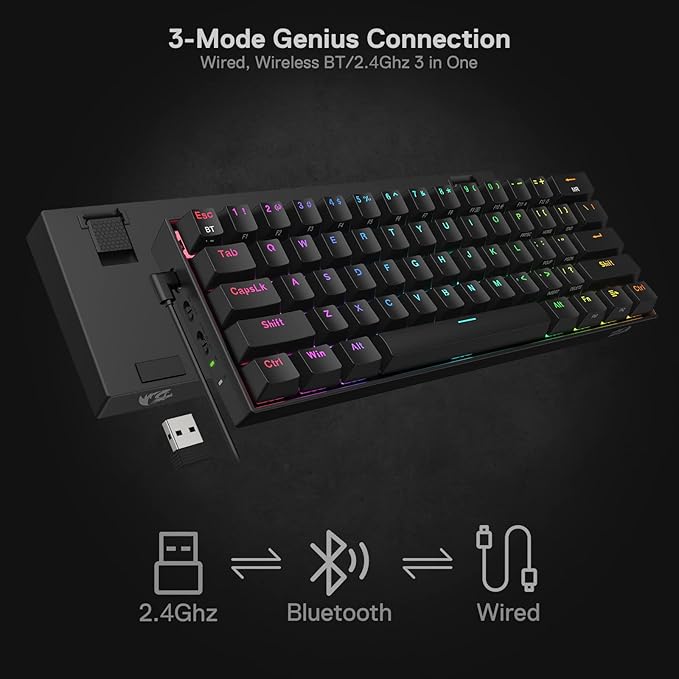 Redragon K530 Pro Draconic 60% Wireless RGB Mechanical Keyboard, BT/2.4Ghz/Wired 3-Mode 61 Keys Compact Gaming Keyboard w/Hot-Swap Socket, Free-Mod Plate Mounted PCB & Tactile Brown Switch