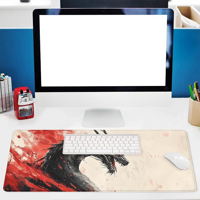 Anime Dragon Desk Mat Gaming Mouse Pad Red and Black Ink Painting Style Large Gaming Mouse Mat with Stitched Edges,Non-Slip Waterproof Rubber Base Mous Mat Office Computer Keyboard Laptop Home