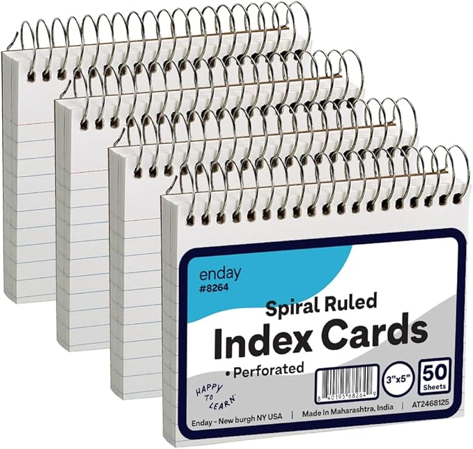 Emraw Spiral Index Cards 3x5 Ruled (4 Pack) - Spiral Bound Index Cards, 50 Page Index Card Book, Bound Flash Cards for Studying, Lined Note Cards for Office, School Supply, College