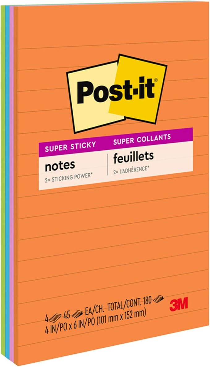 Post-it Super Sticky Lined Notes, 4 Sticky Note Pads, 4 x 6 in., School Supplies, Office Products, Sticky Notes for Vertical Surfaces, Monitors, Walls and Windows, Energy Boost Collection