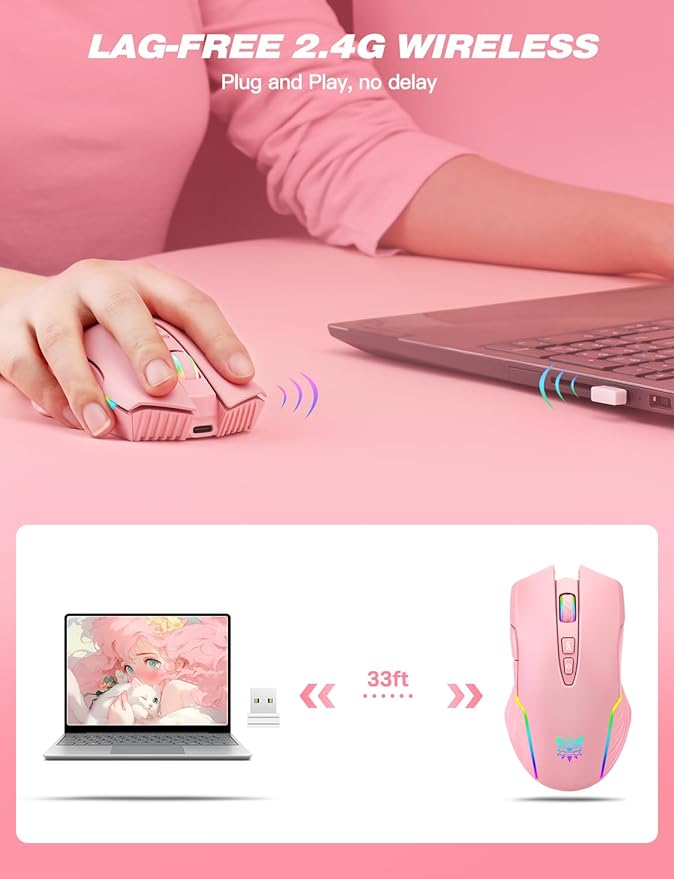 Wireless Mouse, Ergonomic Optical Mice with RGB Backlit, 6 Adjustable DPI Up to 3600, Cordless Mouse with 7 Buttons for PC, Computer, Laptop, Rechargeable