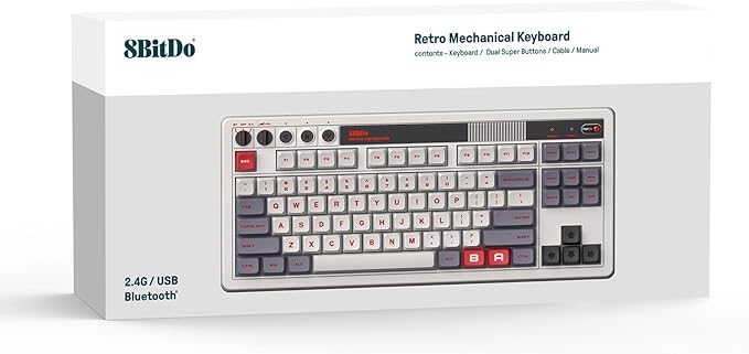 8Bitdo Retro Mechanical Keyboard, Bluetooth/2.4G/USB-C Hot Swappable Gaming Keyboard with 87 Keys, Dual Super Programmable Buttons for Windows and Android - N Edition