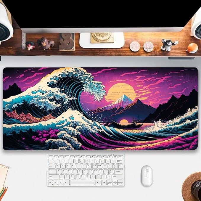 Simpkeely Japanese Sea Wave Mouse Pad, Blacklight Kanagawa Waterproof Gaming Extended Large Desk Pad Long Computer Keyboard Big Mouse Mat with 3mm Non-Slip Rubber Base for Office Home - 31.5" x 11.8"