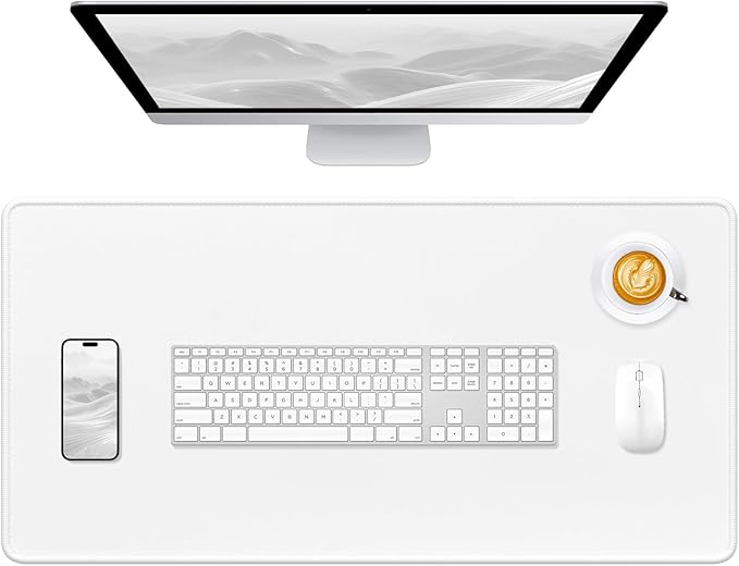 Hsurbtra Desk Pad, 32" x 16" Premium-Textured Desk Mat, Stitched Edge Anti-Slip Waterproof Rubber Mouse Pad, L Extended Computer Mat for Office Gaming Laptop Keyboard Ivory White
