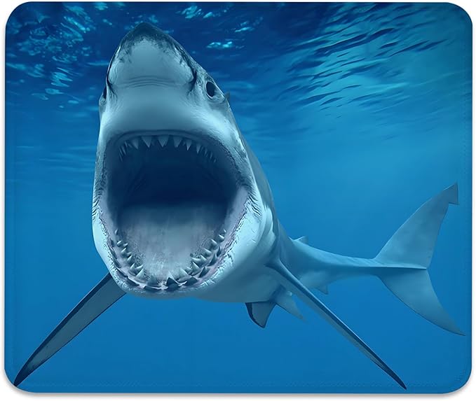 Great White Shark Anti-Slip Rubber Base Gaming & Office Mouse Pad with Stitched Edges 9.5 x 7.9 Inch, Blue Ocean Fish Durable Smooth Fabric Surface Desk Mat