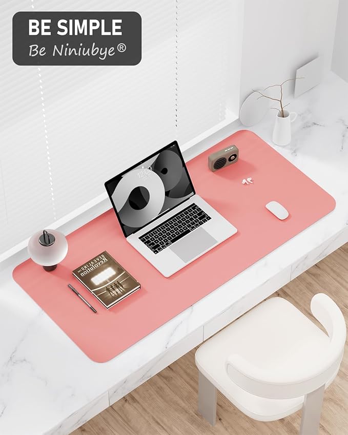 Desk Pad, 35.5" x 17" PU Leather Non-Slip Desk Mat Large Mouse Pad for Desktop, Waterproof Laptop Computer Writing Mat for Office, Home, Work, Gaming, Flower Pink