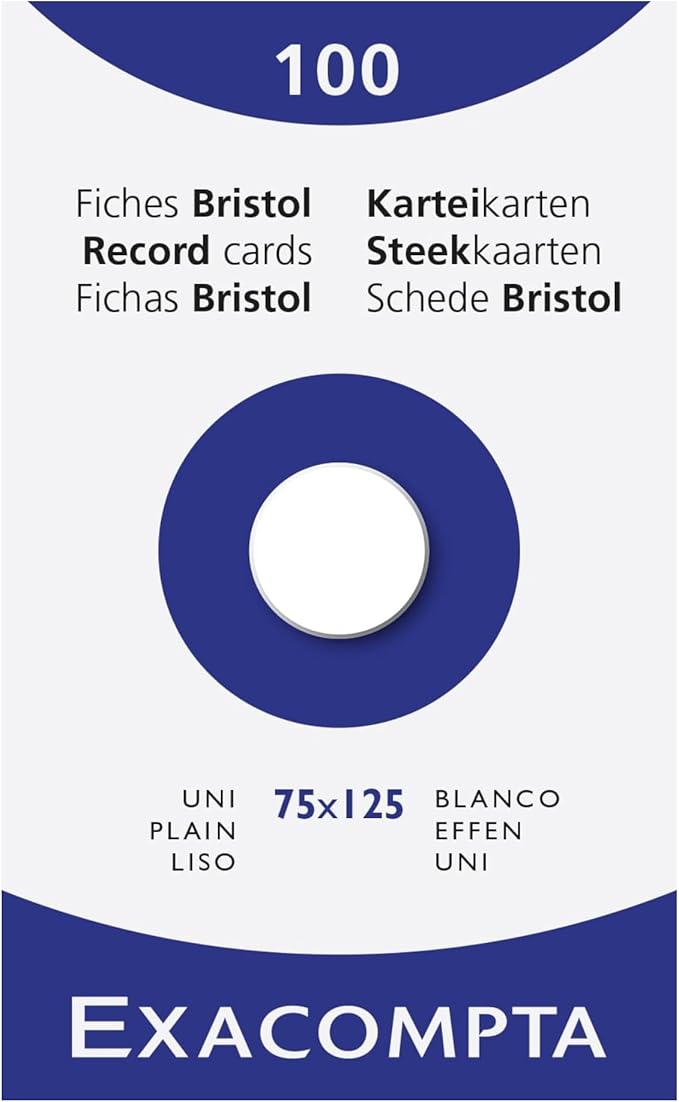 Exacompta - Ref 13301E - Bristol Plain Board for Printing (Pack of 100) - 75 x 125mm in Size, 205gsm Card, Compatible with Printers - Suitable for Exam Revision & Notes - White