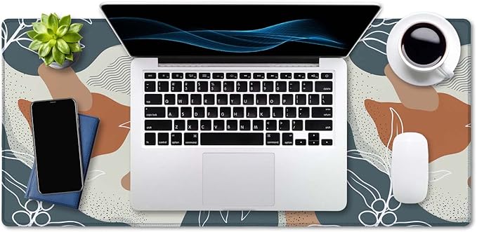 SSOIU Extended Gaming Mouse Pad (35.5x15.7 in), Large Stable Rubber Base Mousepad with Stitched Edges, Keyboard Mouse Mat Desk Pad for Work, Game, Office, Home - Abstract Flowers and Leave