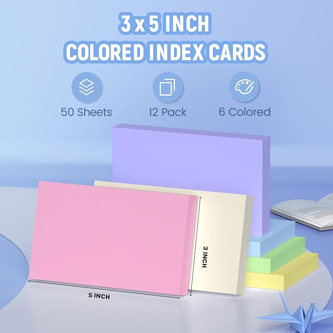 Colored Blank Index Cards 3x5, 600 Pcs 3x5 Index Cards, Double-Sided Blank Flash Cards, Heavy Bright Note Cards 3 x 5, 6 Colors Flashcards for Studying, Colored Notecards for Office, School, and Home