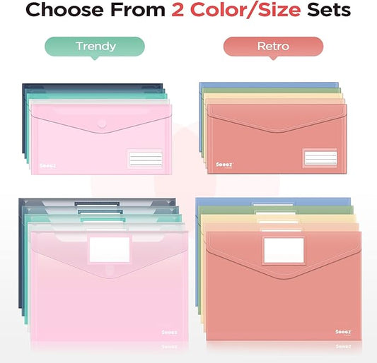Sooez 10Pack Plastic Envelopes, Plastic File Folder, Folders for Documents Retro Colors, Super Heavyweight Document Holder, Storage Pouches, File Envelopes for School Office Supplies
