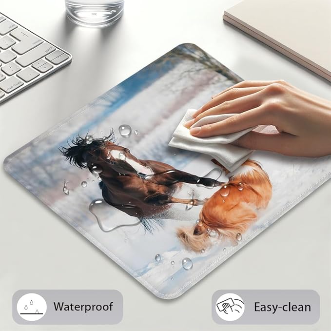 Happy Horse & Dog Mouse Pad 9.5"x 7.9", Reinforced Stitched Edges, Durable Anti-Slip Gaming & Office Mat Desk Decor, Cute Welsh Pony and Border Collie Playing in Winter Snow Covered Field