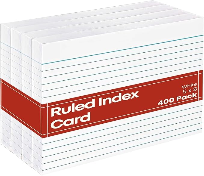 1InTheOffice Index Card Ruled 5X8 Blank, Note Cards, Flash Cards, Legal White Large Index Card, 400 Pack