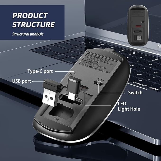 Wireless Mouse Chargeable Portable Silent USB-A and Type-C Dual Mode Wireless Mouse 3 Adjustable DPI for Laptop, Mac, Android, PC (Q23S Black) (Black)