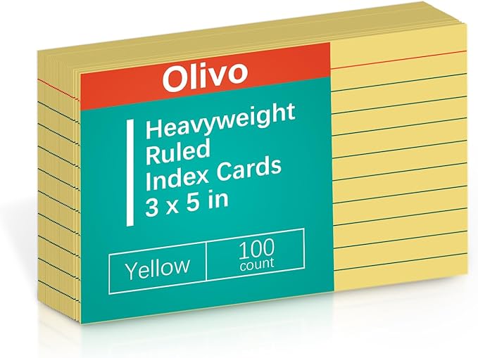 Yellow Lined Index Cards 3x5 Ruled Note Cards 100 Count, 180 gsm Heavy Weight
