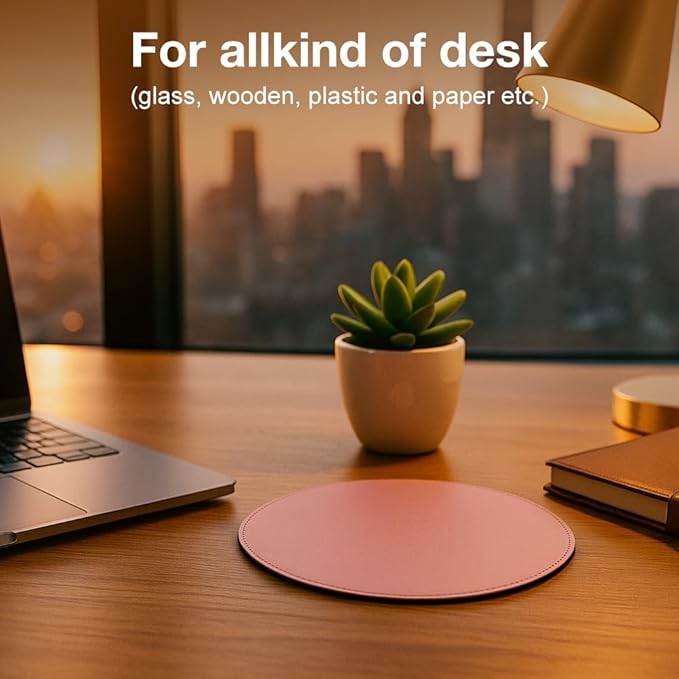 ProElife Premium Cute Round Mouse Pad Mat Waterproof PU Leather 8.66-Inch Mousepad with Anti-Skid Base Stitched Edge for Home Office Gaming Computer Laptop Accessories (Pink)