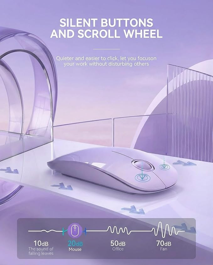 RAPIQUE R306 Pro Wireless Mouse, Dual Bluetooth & 2.4GHz, Connect Up to 3 Devices, Type-C Rechargeable, Silent Click, Ergonomic Symmetrical Design, for MacBook, iPad, Laptop, Purple