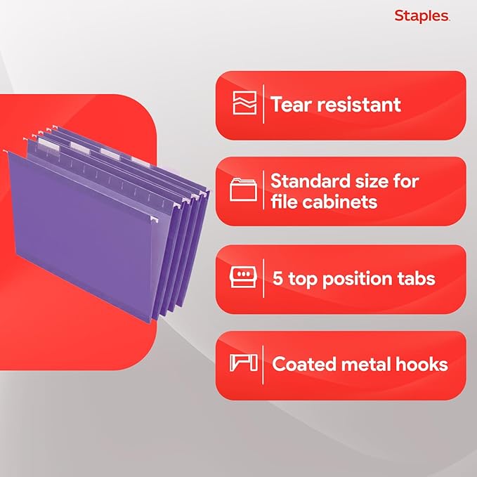 Staples Hanging File Folders, Letter Size, Purple, 1/5‑Cut Tabs, Tear‑Resistant, Includes Tabs & Inserts – 25/Pack