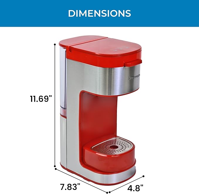 Kenmore Single Serve Coffee Maker – Compatible with Keurig K‑Cup Pods & Ground Coffee, One Cup Brewer, 6–12 Oz Brew Sizes, Travel Mug Friendly, Auto Shut‑Off, Hot & Iced Maquina de cafe, Red