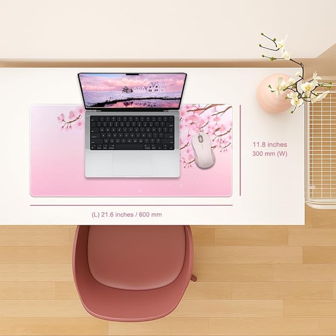 11.8x23.6 Inches Large Gaming Mouse Pad Mat with Stitched Edge Non-Slip Rubber Base Washable Resilient for Office Computers Laptop Table Mouse Pads Mats Accessory (Pink Flowers)