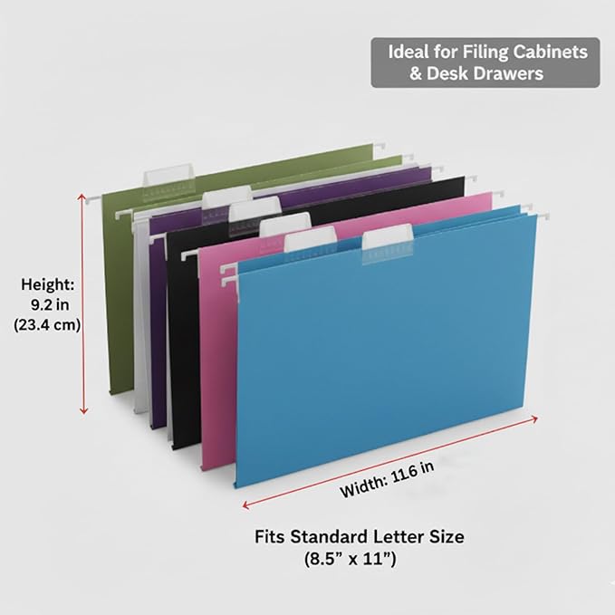 50 Packs Hanging File Folders,Assorted Color Letter Size File Folders with 1/5 Adjustable Cut Tabs for Office/Home/School,Decorative,Drawer,Desk and Cabinet Use(Black,Blue,Pink,Purple,Standard Green)