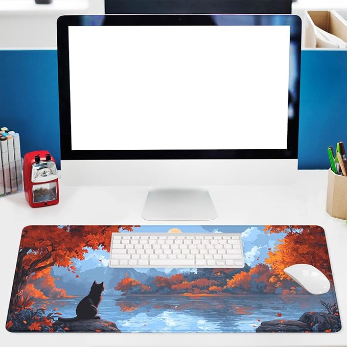 Cat Gaming Mouse Pad Desk Pad Landscape Red Maple Leave Moonlight Pixel Extended Gaming Mouse Pad Mat with Stitched Edge Non-Slip Base Big Mouse Pad Office Home Decor for Women Girl 31.5"x11.8"