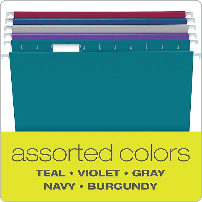 Pendaflex Recycled Hanging File Folders, Letter Size, Assorted Jewel-Tone Colors, Two-Tone for Foolproof Filing, 1/5-Cut Tabs, 25 Per Box (81667) (Pack of 10)