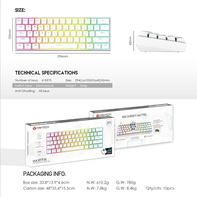 FANTECH MAXFIT61 RGB Wired 60% Mechanical Keyboard, 61 Keys Hot Swappable Type-C Programmable Gaming Keyboard, Blue Switch, White