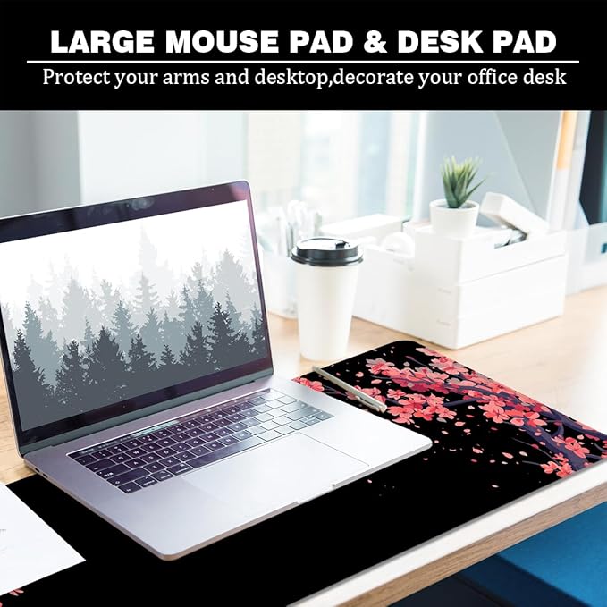 Cherry Blossom Mouse Pad Japan Large Gaming Mouse Mat Flower 31.5x11.8x0.12 inch XL Black and Pink Desk Pad (Cherry Blossom)