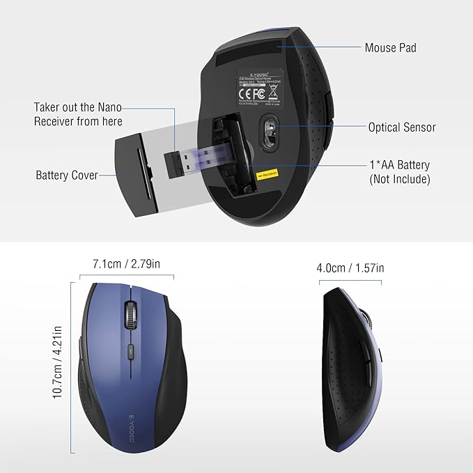 E-YOOSO Wireless Mouse for Laptop, Portable Optical Computer Mouse, 6 Buttons, Cordless 2.4GHz with USB Receiver, 5-Level 4800 DPI, 18 Months Battery Life, for PC, Chromebook, Windows, Mac(Blue)