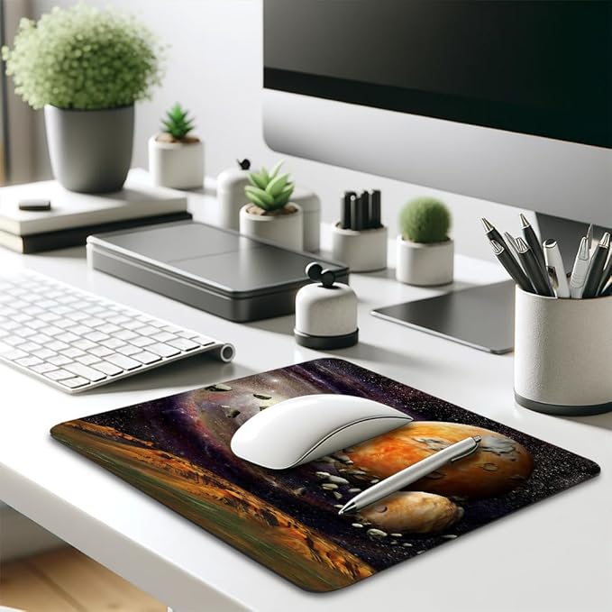 Outer Space Planets Mouse Pad 9.5"x 7.9", Reinforced Stitched Edges, Durable Anti-Slip Gaming & Office Mat Desk Decor, Galaxy Universe Stars Deep Sky Objects Stones Astronomy