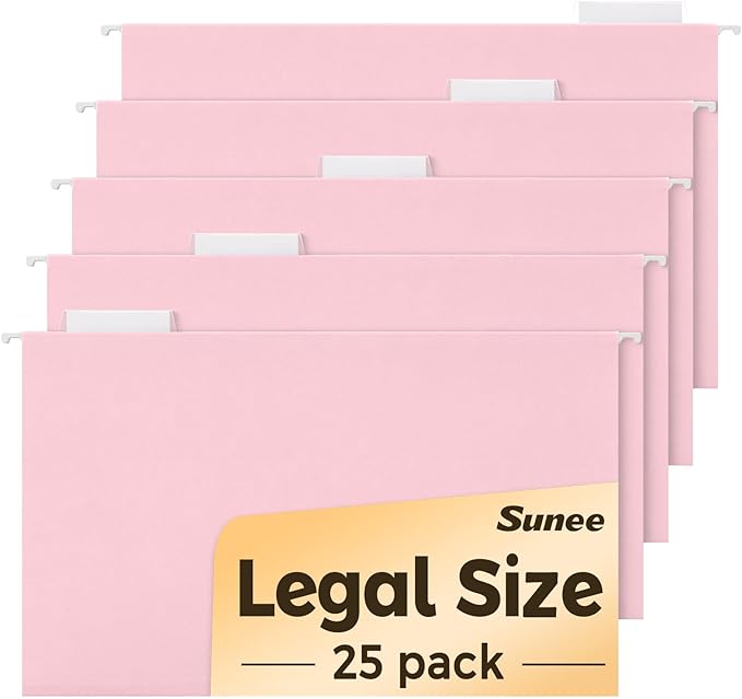 SUNEE Hanging File Folders Legal Size, Pink File Folders 25 Pack 1/5-Cut Tabs, Stay Organized for Your Home and Office Bulk File and Documents