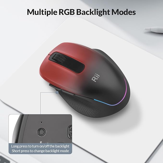 Rii Wireless Mouse Rechargeable, 2.4 GHz with USB Receiver, 1000/1200/1600 DPI, Ergonomic Grips, Silent Keys, Cordless Computer Mice for Laptop, PC, Desktop, Mac-Black&Red