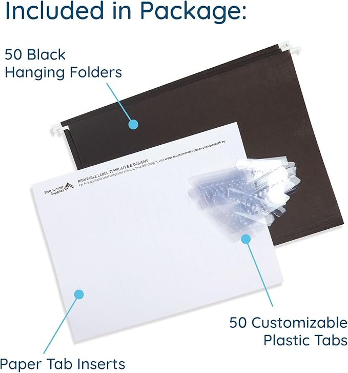 Blue Summit Supplies 50 Hanging File Folders, 50 Reinforced Hang Folders, Designed for Home and Office Color Coded File Organization, Letter Size, Black, 50 Pack