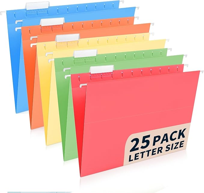 25-Pack Assorted Hanging File Folders,Letter Size with 35 Transparent Label Cards,50 Sticker Labels,1/5-Cut Tabs–Home Office & Filing Cabinets