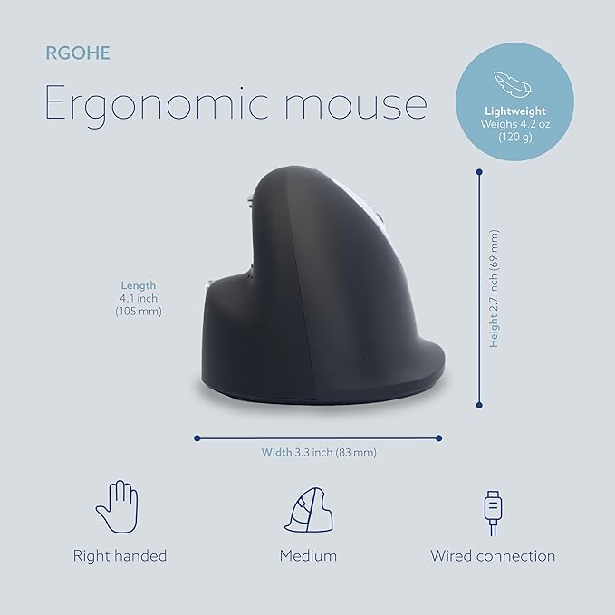 R-Go HE Ergonomic Mouse, with Break Software, USB-C Wired (with USB A Converter), Vertical Design, Anti Carpal Tunnel, Silent Click, Customisable Buttons, Compatible for Windows/Mac OS, Black/Silver
