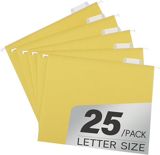 Hanging File Folders,25 Pack Yellow Letter Size Hanging File Folders with 1/5-Cut Tabs,Ideal for Home and Office Organization and Papers Classification