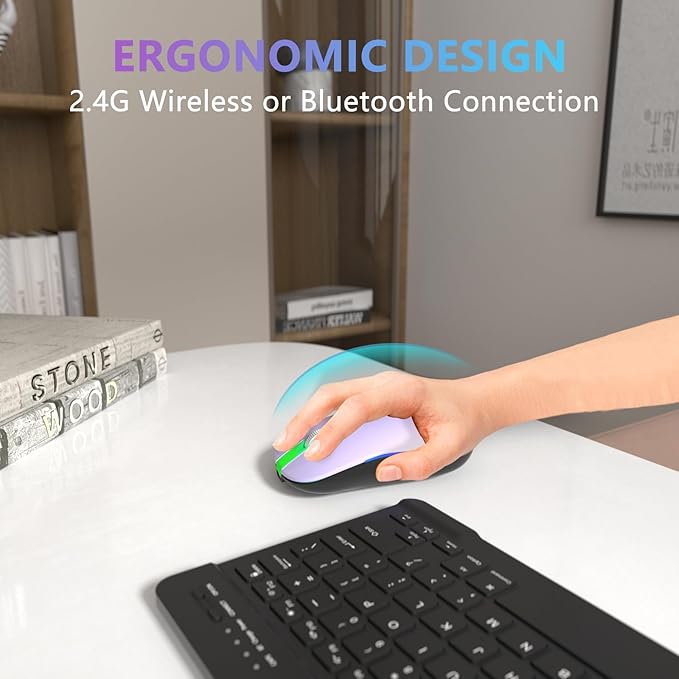 FUWANG Rechargeable Wireless Bluetooth Mouse, 2.4G USB Optical Input Mouse, Portable, Compatible with Laptop, PC, Mac OS, Windows, Adjustable DPI (Light Purple)
