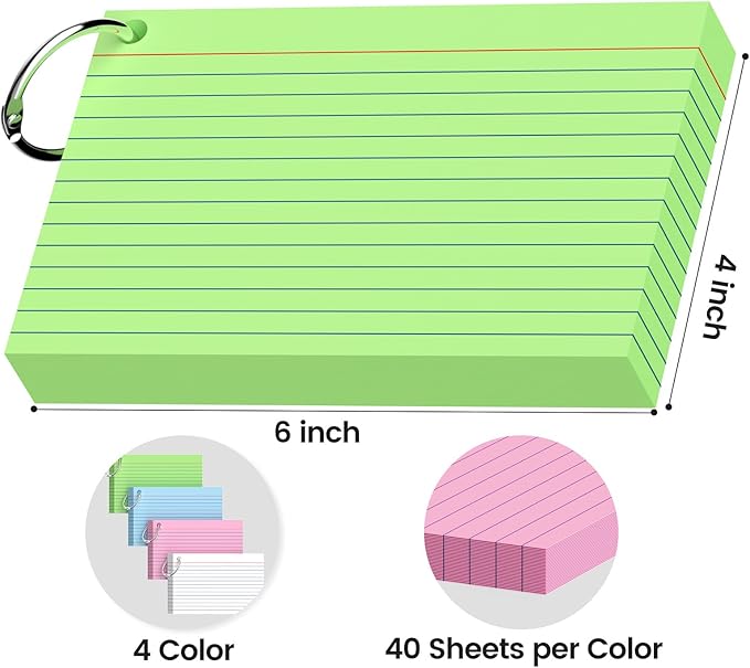 160-Pack Colored Index Cards 4x6 Inch w/Key Ring – 180gsm Heavyweight Flashcards – 4 Vibrant Colors Flash Cards (White Pink Blue Yellow) Perfect for Study, Notes & Memory, Students School Supplies