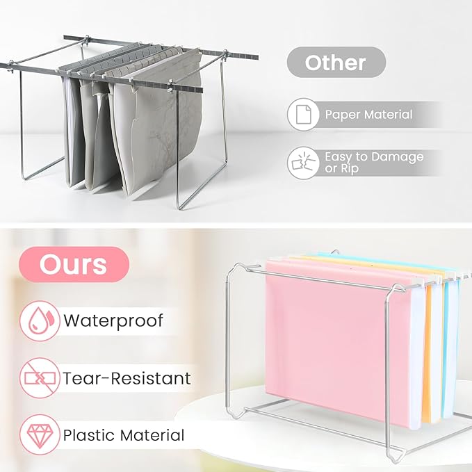 Sooez Tear-Resistant Plastic Hanging File Folders Letter Size, 6 Count File Organizer Suitable for File Cabinet Filing Cabinets, 1/6-cut Adjustable Tabs for Office, School, Pastels Colors, Pink