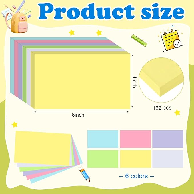 Colored Blank Index Cards 4x6 Inch Flash Cards Flashcards Heavyweight Note Cards for Studying School Office Supplies, 162 Count