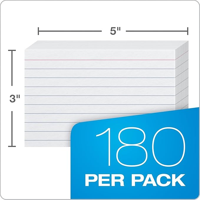 Oxford Ruled Index Cards with Reusable Storage Tray, 3” x 5”, 180 per Pack, Flashcards for School and Studying, Recipes, Note Cards (73168)
