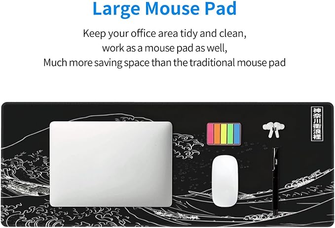 Japanese Gaming Mouse Pad Black Mouse Pad Kanagawa Large Mousepad Non-Slip Rubber Base Waterproof with Stitched Edges for Gaming Office Home, 31.5x11.8x0.12 Inch (Black Wave)