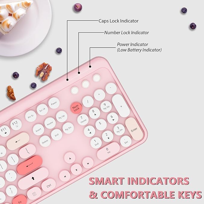 Wireless Keyboard,KOOTOP Cute Colorful 104 Keys Typewriter Retro Round Keycaps Keyboard for PC Laptop,Desktop,Windows, Home and Office Keyboards(Pink)