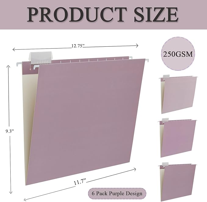 6 Pack Gradient Hanging File Folder Letter Size Reinforced Hanging Folders with 1/5-Cut Adjustable Tabs File Folders for Filing Cabinet Organizer for Office Home Medical Charts, Purple