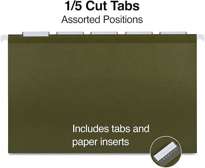 Staples Recycled Reinforced Hanging File Folders, Legal Size, 5‑Tab, Standard Green, Tear‑Resistant – 25/Box