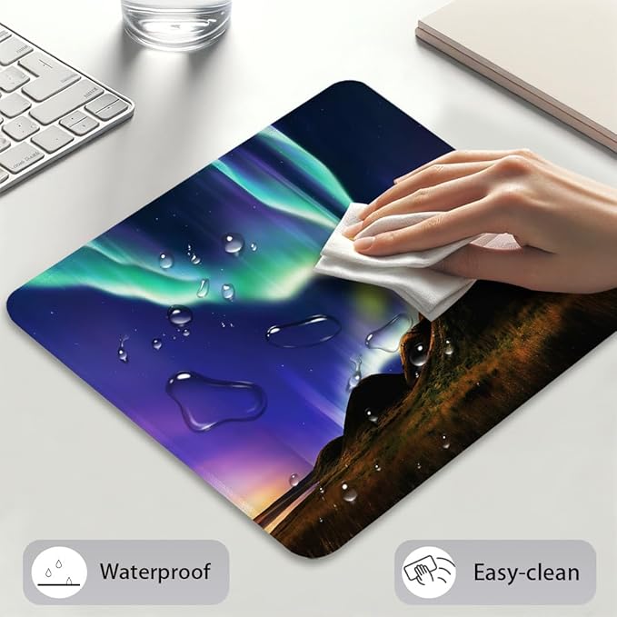 Aurora Borealis Mouse Pad 9.5"x 7.9", Reinforced Stitched Edges, Durable Anti-Slip Gaming & Office Mat Desk Decor, Spectacular Alaskan Northern Lights‌ Meadows Scene at Night